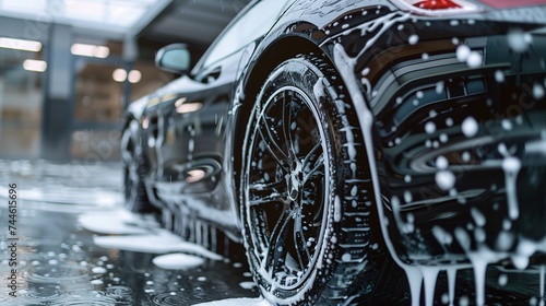 Professional Car Wash black Sportscar with Shampoo close-up © salahchoayb