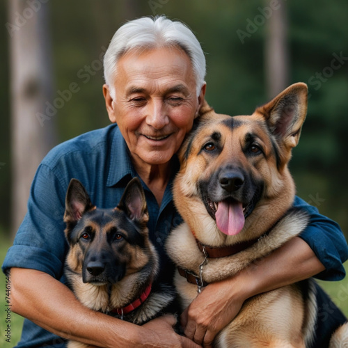 Old man poses with his German Shepherd dog in the garden and hugs him affectionately