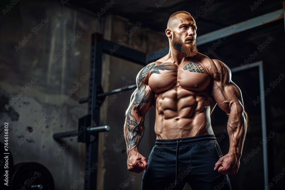 muscular man with tattoos in front of dark gym background