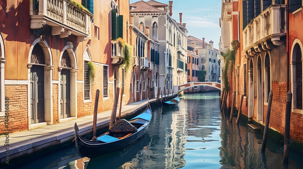 Venice, Italy. Panoramic view of canal and gondola