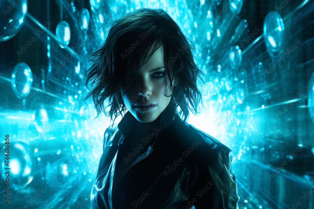 Woman in A SciFi Movie with cyber background. Woman in A SciFi Movie with cyber background.