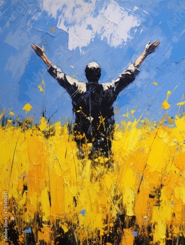 Man Standing in Yellow Flower Field. Printable Wall Art.