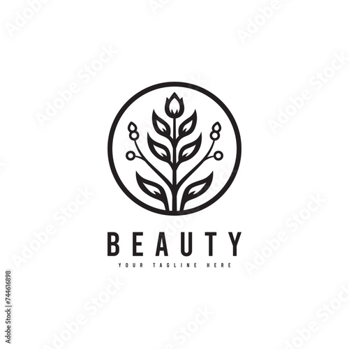 Fototapeta Naklejka Na Ścianę i Meble -  Minimalist style beauty logo, with a beautiful flower silhouette. For care logo, beauty or makeup logo.
