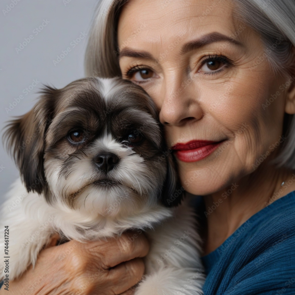 Old man and woman pose with their Dachshund in the garden and hug him affectionately Old man and woman pose with their Dachshund in the garden and hug him affectionately
