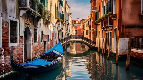 Panoramic view of Venice canal with gondola, Italy