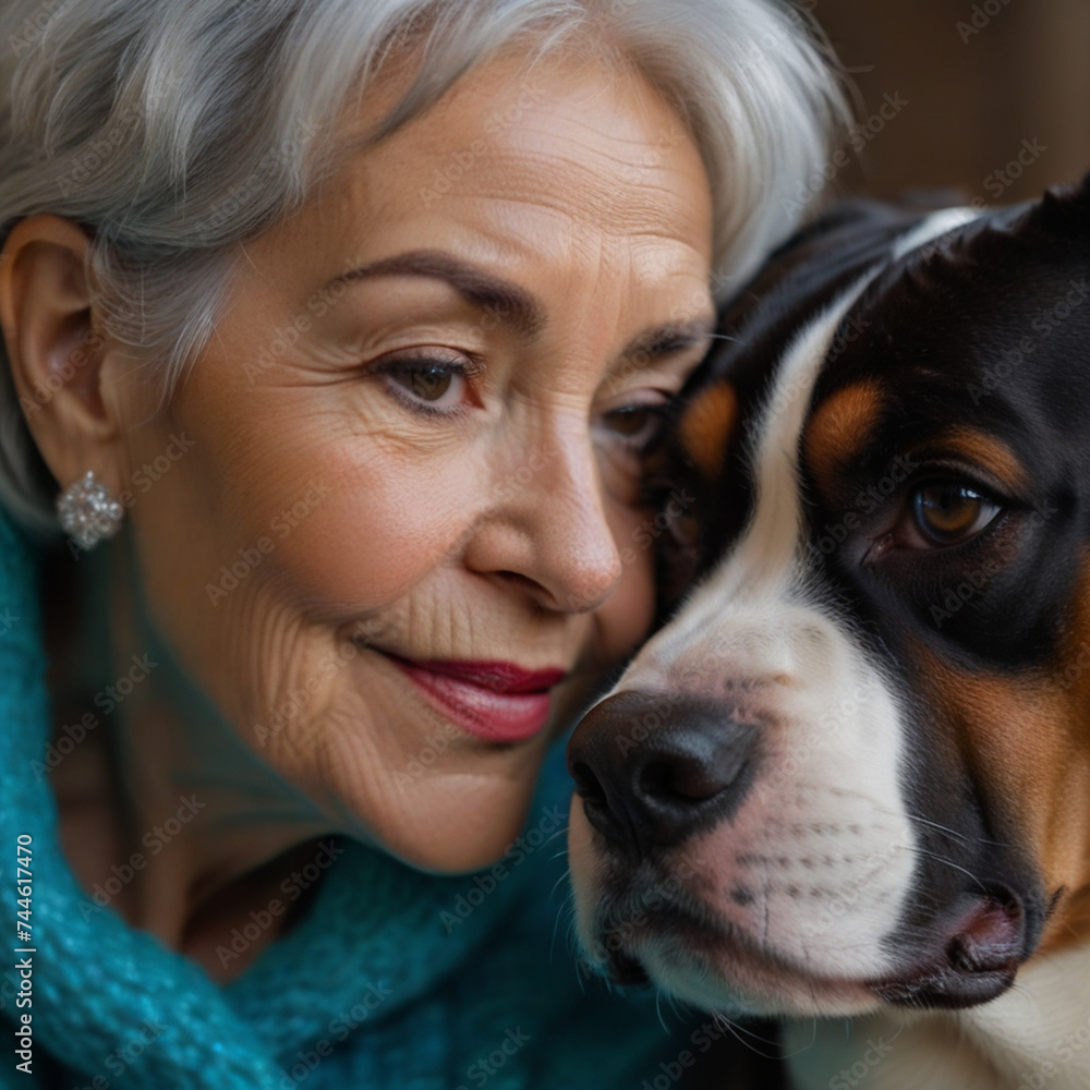 Old woman and woman pose with their Dachshund in the garden and hug him affectionately Old woman and woman pose with their Dachshund in the garden and hug him affectionately