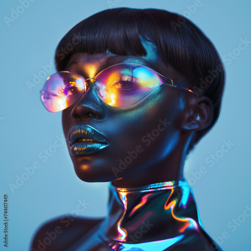 Dark skin female mode with holographic eye makeup. Fashionista concept