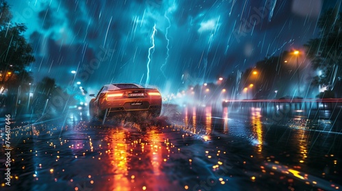 Immerse yourself in the chaos and beauty of a stormy night, where a car speeds through the rain-soaked streets. 

