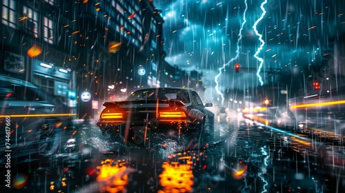 Immerse yourself in the chaos and beauty of a stormy night  where a car speeds through the rain-soaked streets.   