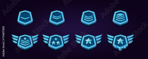Metal blue rank patent badges set. Three dimensional effect with wings.