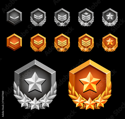 Award rank badge for games. Gold and silver 3d metal effect. Rank and stars.