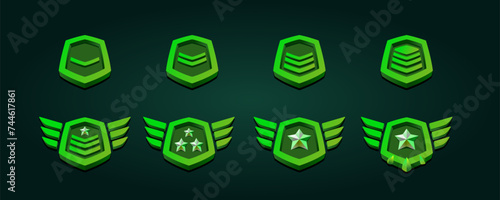 Metal metal green rank patent badges. Three dimensional effect with wings.