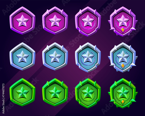 Colorful metal rank badge. Purpl,e blue and green. Yellow gemstone.