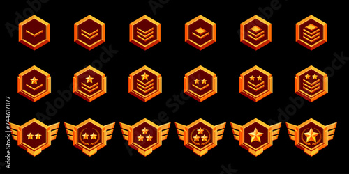 Realistic metal set of game rank badge isolated on background. Vector illustration of golden hexagonal medals decorated with stars and wings. Symbol of achievement, award for victory, trophy emblem. photo