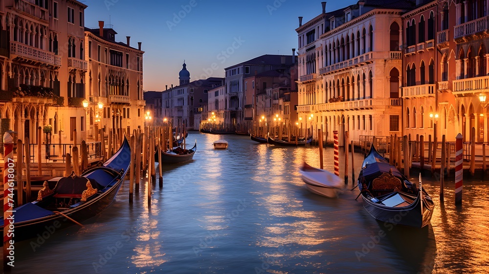 Grand Canal in Venice at night, Italy. Panoramic view - obrazy, fototapety, plakaty 