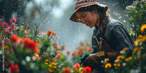 Rainy Day Gardening: Florist Tending to Blooms. Gardener in rain showers tenderly caring for vibrant flowers