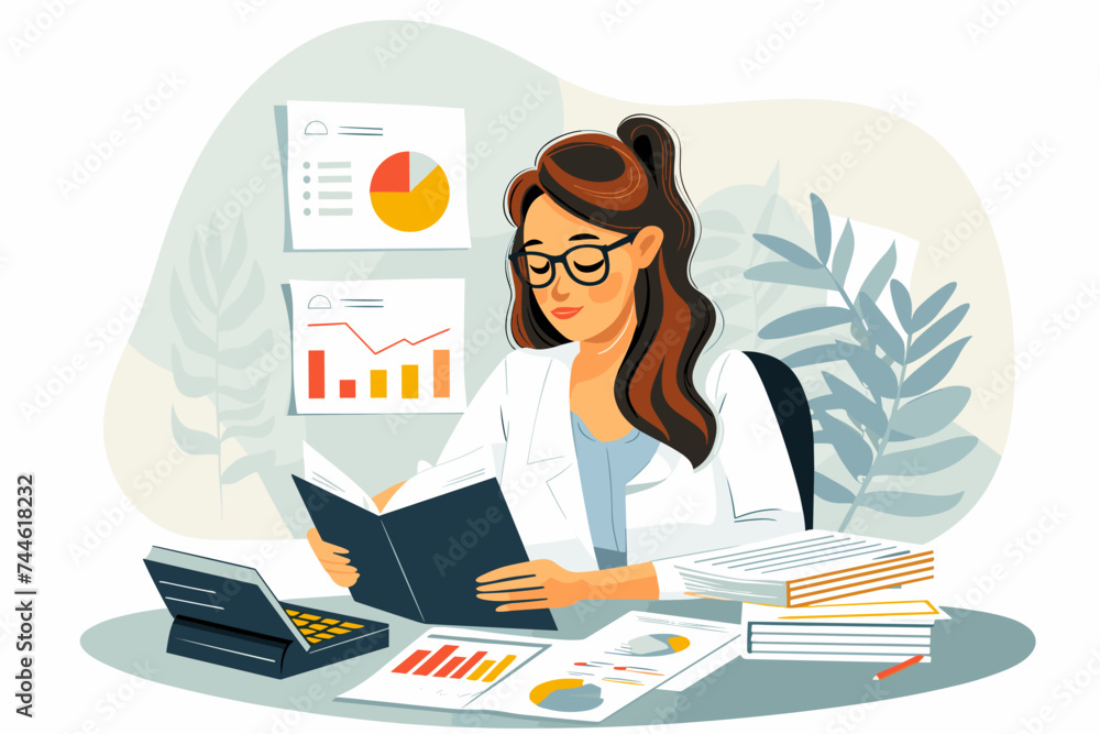Businesswoman Accountant Calculating Taxes, Managing Financial Documents, Analyzing Office Financial Charts and Graphs, Audit and Money Report Concept, Working in the Office