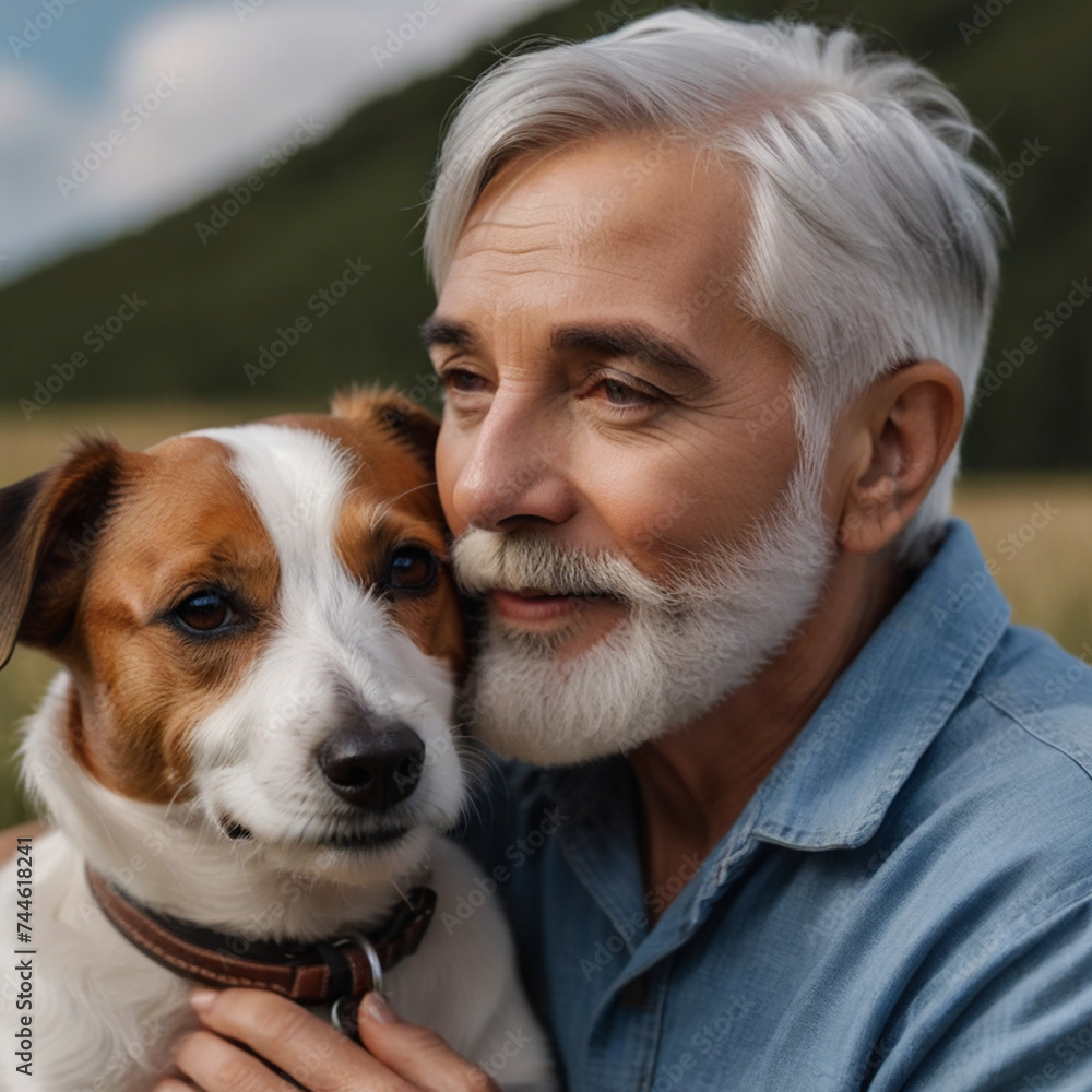 Old man poses with his Pembroke Welsh Corgi dog in the garden and hugs him affectionately Old man poses with his Pembroke Welsh Corgi dog in the garden and hugs him affectionately