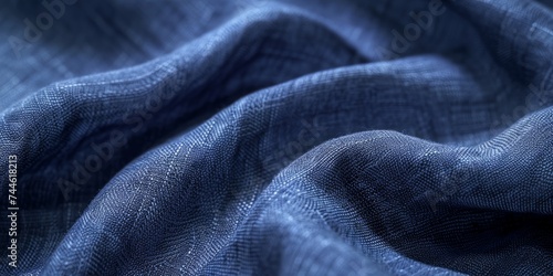 Macro shot of textured blue fabric with detailed weave patterns and folds