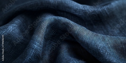 Macro shot of dark blue fabric showcasing the intricate weave and texture, ideal for design backgrounds. Detailed Dark Blue Fabric Texture Close-Up