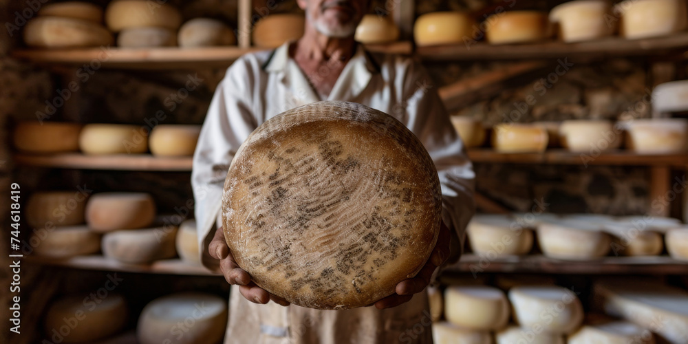 A cheese makers hands are shown carefully holding a large wheel of artisan cheese, with a background filled with shelves of aging cheeses