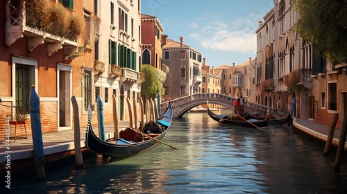 Venice canal with gondolas and bridge, Italy, Europe © I