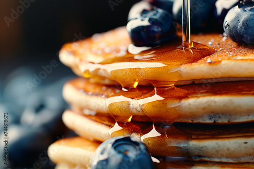 Close-up of pancakes with syrup and blueberries, suitable for food and culinary themes.