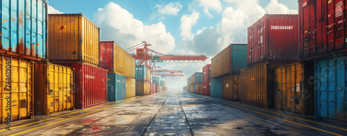 Colourful Container Terminal Panorama.
Panoramic view of a vibrant container terminal under a clear blue sky. photo