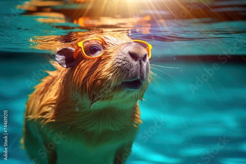 Cute capybara in swimming glasses swims in a pool with turquoise water.