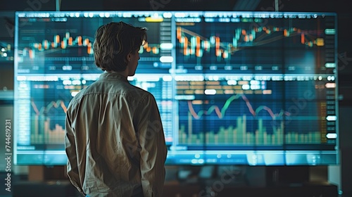 Young man wearing casual clothes looking at a very large screen showing stock market charts with candlesticks, view from behind. Generative AI. © visoot