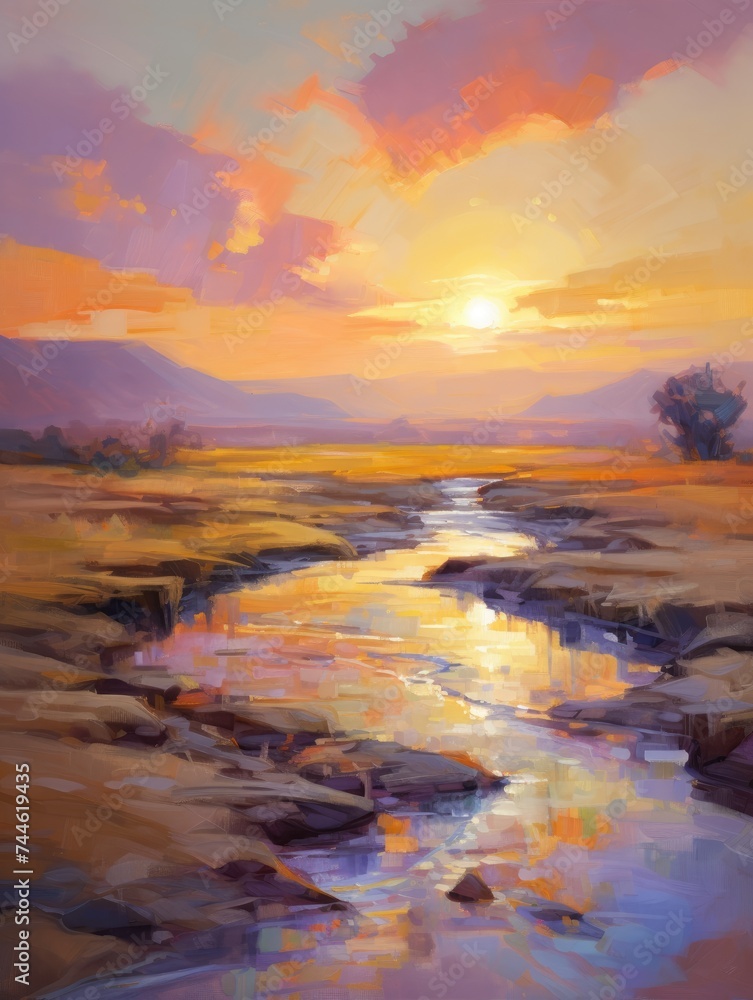 Sunset Over River Painting. Printable Wall Art.