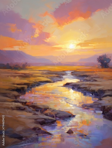 Sunset Over River Painting. Printable Wall Art.