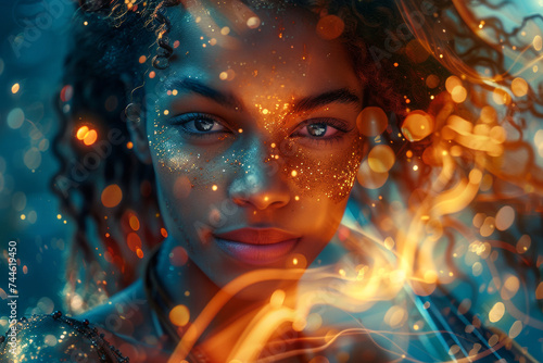 Woman's Portrait with Sparkling Light Effects. A close-up of a woman's face adorned with lights.
