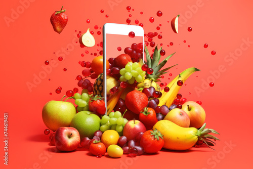 Fruits, berries and citrus fruits come out of the screen of the smartphone