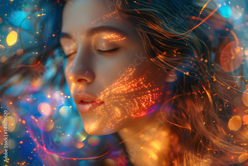Young Woman Illuminated by Sparkling Lights. A young woman's face glows with sparkling lights.