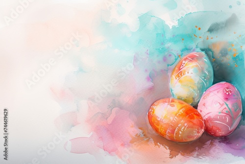 Watercolor Drawn beautiful multi-colored Easter eggs for the holiday of Holy Easter, copi space
 photo