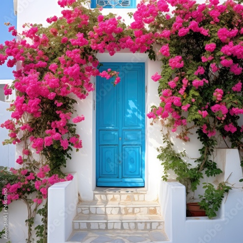 Blue Door Surrounded by Pink Flowers. Printable Wall Art.