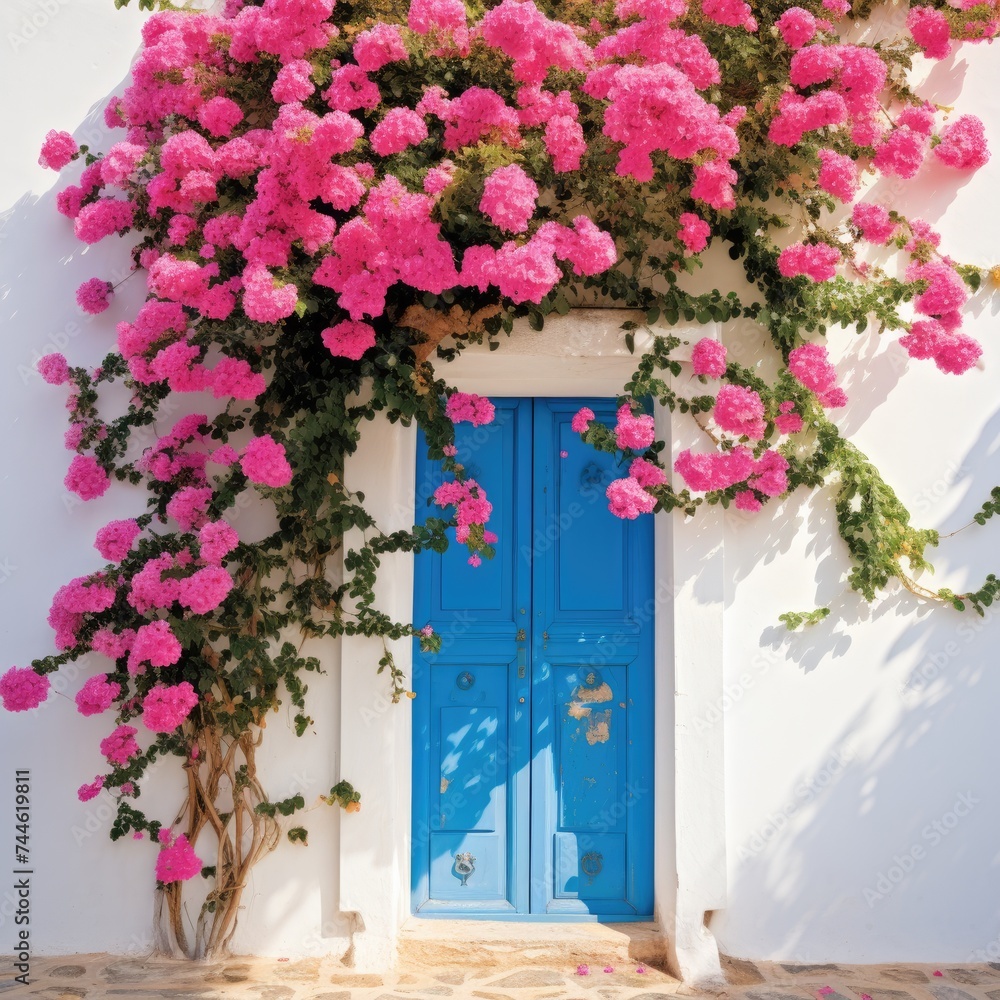Blue Door Surrounded by Pink Flowers on a White Building. Printable Wall Art.