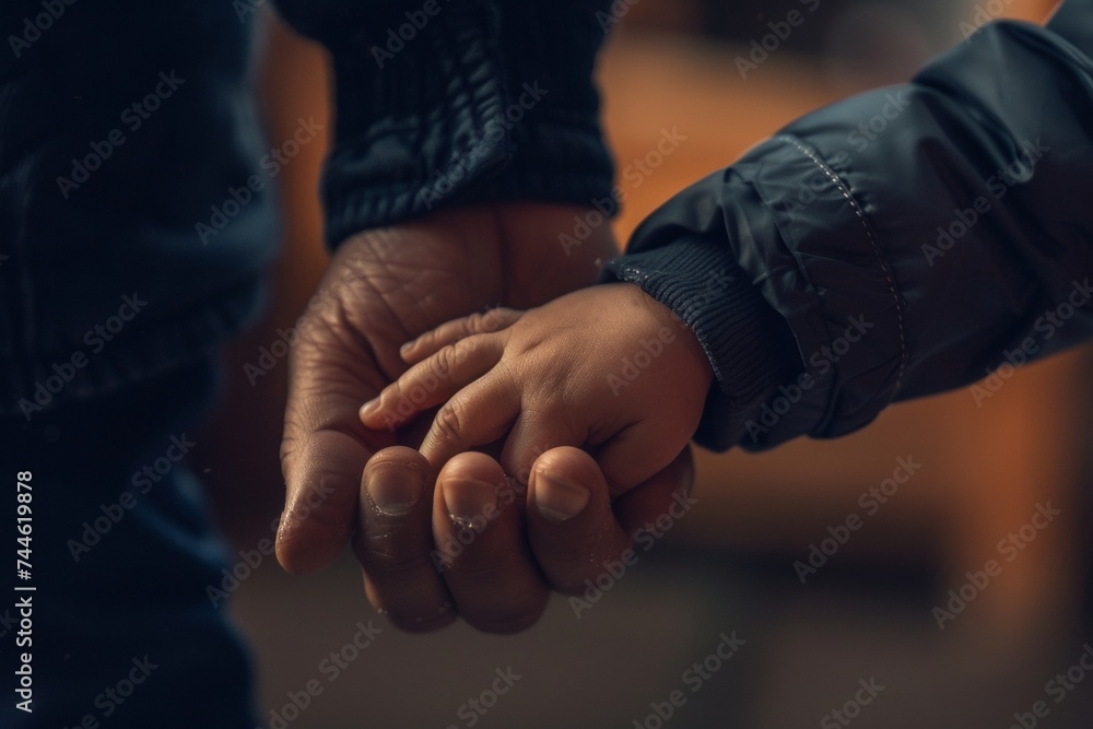 Closeup of baby holding father's hand