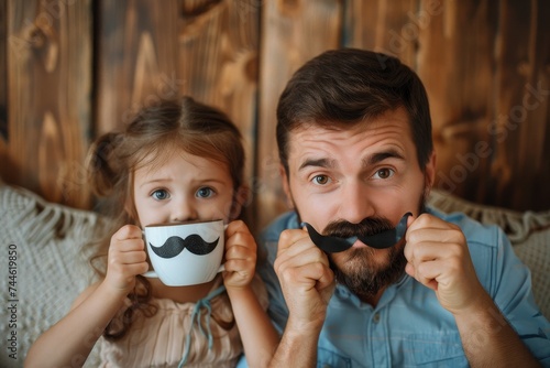 This father and child are having fun playing together. A beautiful funny girl and her father have mustaches on cups. Happy Father's Day!