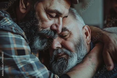 Two generation have a beard and are relaxing together at home in father's day with love of family, two men happy to enjoy living at home in father's day with the love of their families.