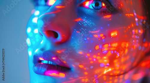a woman with her face painted with lights and information, futuristic digital art