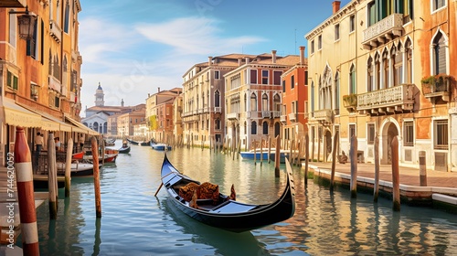 Panoramic view of grand canal with gondolas in Venice, Italy