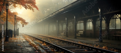 Autumn mist hides railway station with vacant platform and vanishing overhead lines.