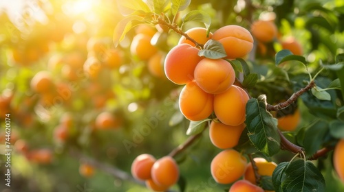 Harvest of ripe sweet apricots on a branch in the garden, agribusiness business concept, organic healthy food and non-GMO fruits with copy space
