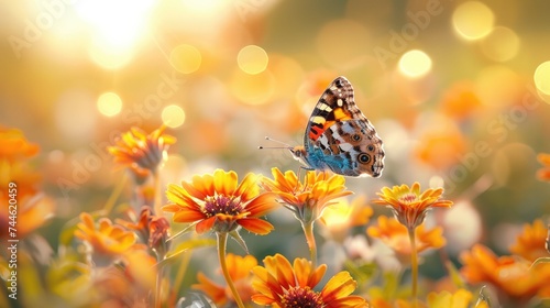 Beautiful wild flowers with butterfly on sunny spring meadow. Generative AI. © visoot