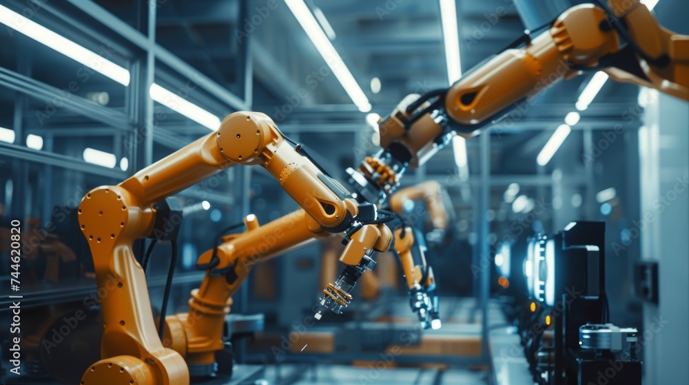 Engineer oversees and controls automation robot arms machines in the intelligent factory on a real-time monitoring system. Welding robotics and digital manufacturing operations are monitored and