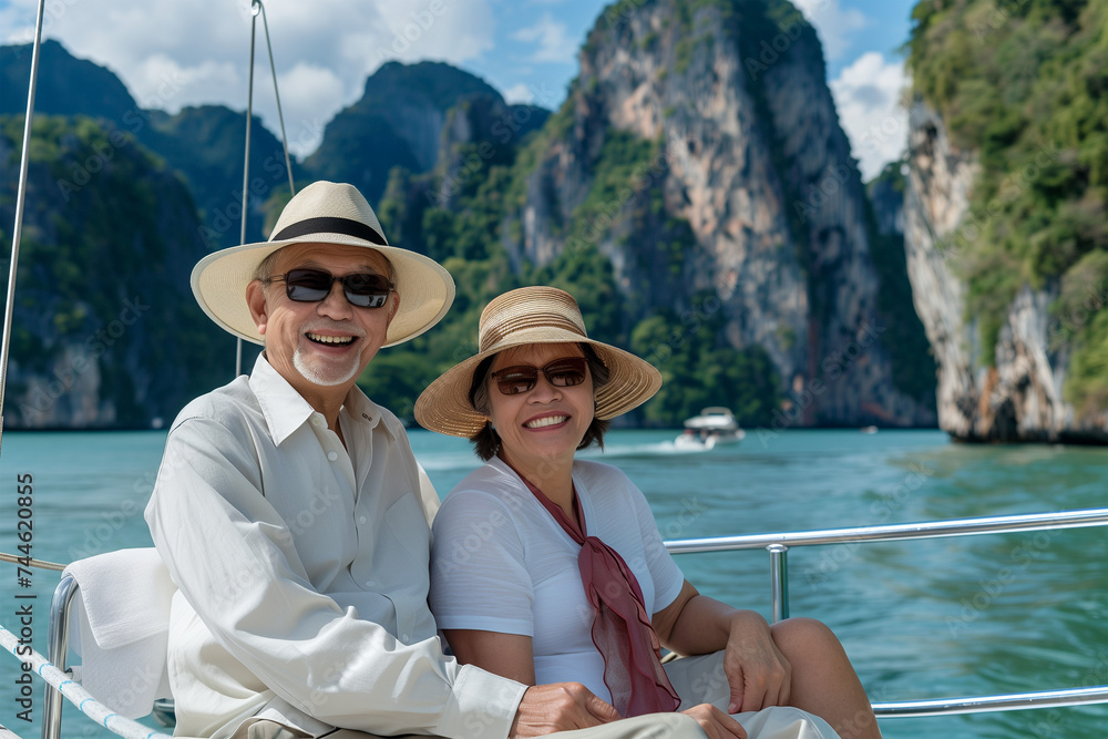 Happy senior asian couple traveling on a yacht during vacation.