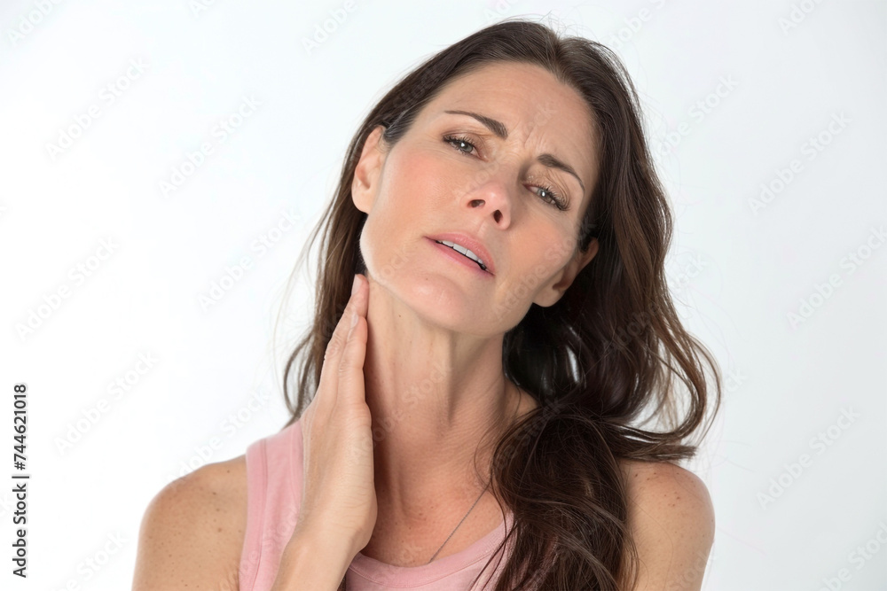 Mature woman experiencing neck pain isolated on white. Mature woman experiencing neck pain isolated on white.