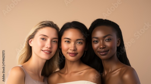 A group of multi-ethnic women posing and smiling with different skin types against a beige background. Diverse ethnicity women - Caucasian, African, Asian posing and smiling.